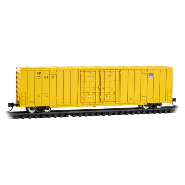 Micro Trains 123 00 101 | 60' Rib-Side, Double-Plug-Door High-Cube Boxcar - Ready to Run - Jewel Case - Union Pacific #700411 (2022 yellow, small shield logo) | N Scale