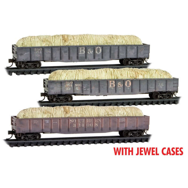 Micro Trains 983 02 243 | 50' Steel Side 14-Panel Gondola w/Hay Load 3-Pack - Ready to Run - Jewel - Baltimore & Ohio #354820, 354178 (black) Southern Railway #314008 (brown) | N Scale