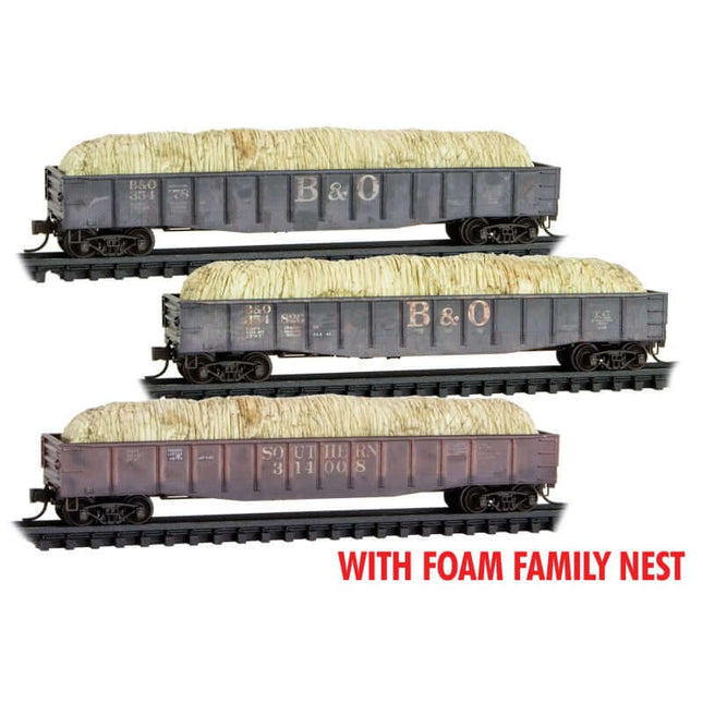 Micro Trains 993 02 243 | 50' Steel Side 14-Panel Gondola w/Hay Load 3-Pack - Ready to Run - Foam - Baltimore & Ohio #354820, 354178 (black) Southern Railway #314008 (brown) | N Scale