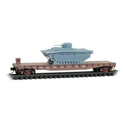 Micro Trains 993 02 245 | 50' Fishbelly-Side Flatcar w/LVT(A)1 Tank Load 3-Pack - Ready to Run - Foam Nest - Southern Pacific #79700, 79753, 79795 (Boxcar Red) | N Scale