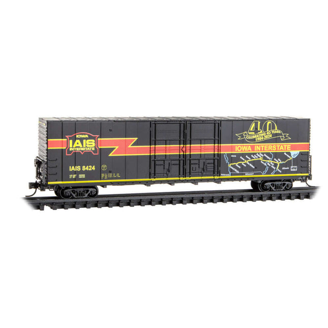 Micro Trains Iowa Interstate 60' boxcar model IAIS 8424, celebrating 40 years of the railroad in a detailed N Scale design.