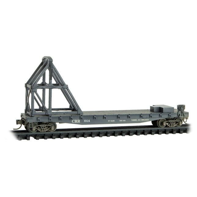 Micro Trains Clinchfield icebreaker flatcar #10124, N Scale model with steel frame for clearing obstacles in rail tunnels.