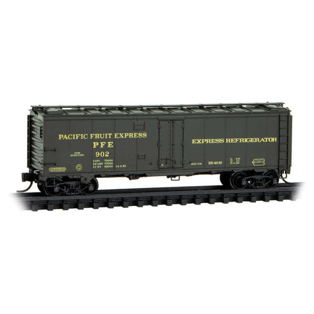 Micro Trains N Scale Pacific Fruit Express #902 40' Steel Ice Reefer with Preco Fan model train on track