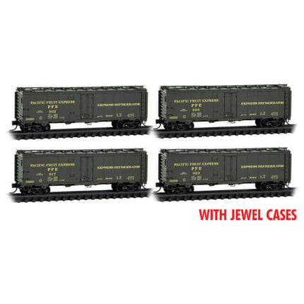 Micro Trains N Scale 40' Steel Ice Reefer 4-Pack in jewel cases, featuring Pacific Fruit Express design and bettendorf trucks.