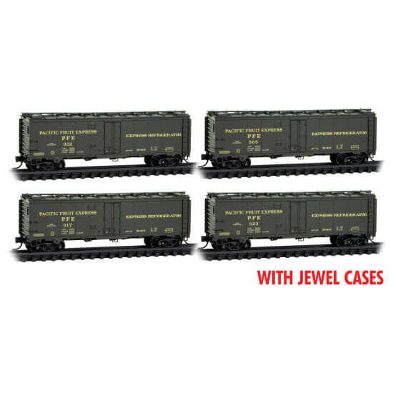 Micro Trains N Scale 40' Steel Ice Reefer 4-Pack in jewel cases, featuring Pacific Fruit Express design and bettendorf trucks.