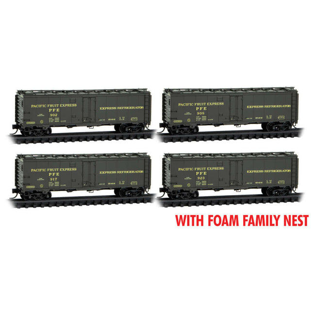 Micro Trains 40' Steel Ice Reefer 4-Pack in foam case, Pacific Fruit Express #902, 908, 917, 923 for N Scale models.