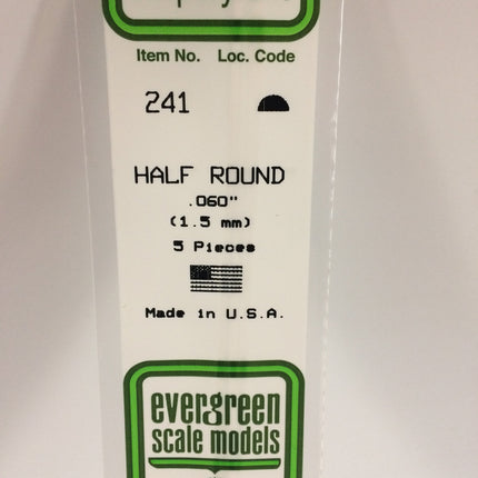 Evergreen 241 .060" (1.5mm) White Styrene Half Round All Scales - package