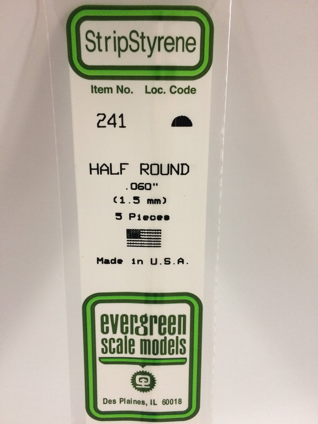 Evergreen 241 .060" (1.5mm) White Styrene Half Round All Scales - package