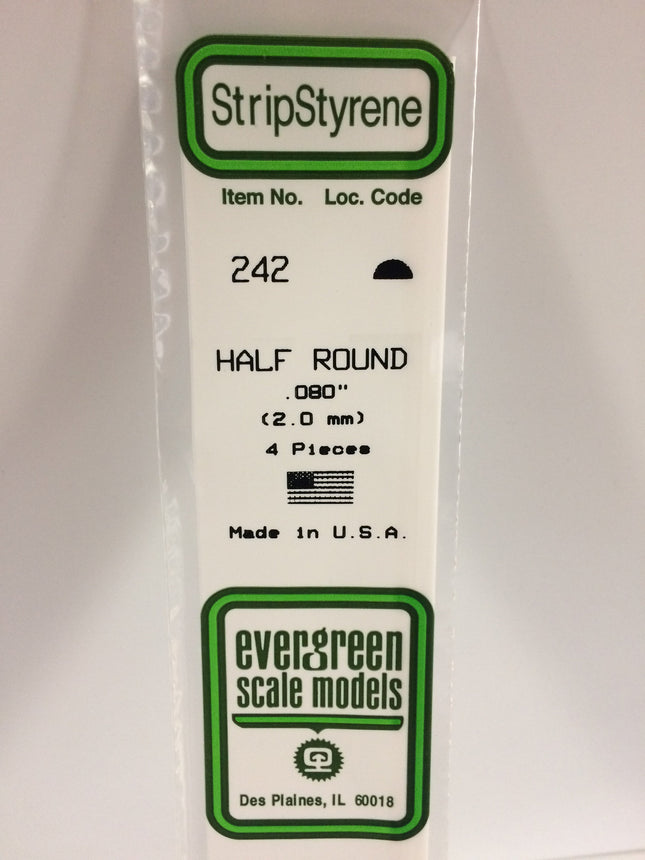 Evergreen 242 .080" (2.0mm) White Styrene Half Round All Scales - package