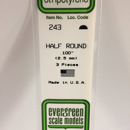 Evergreen 243 .100" (2.5mm) White Styrene Half Round All Scales - package