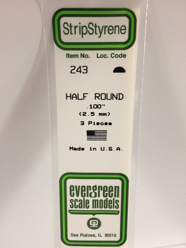 Evergreen 243 .100" (2.5mm) White Styrene Half Round All Scales - package