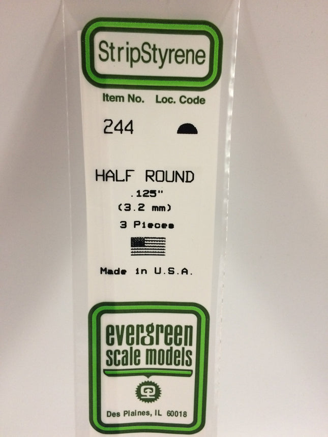 Evergreen 244 .125" (3.2mm) White Styrene Half Round All Scales - package