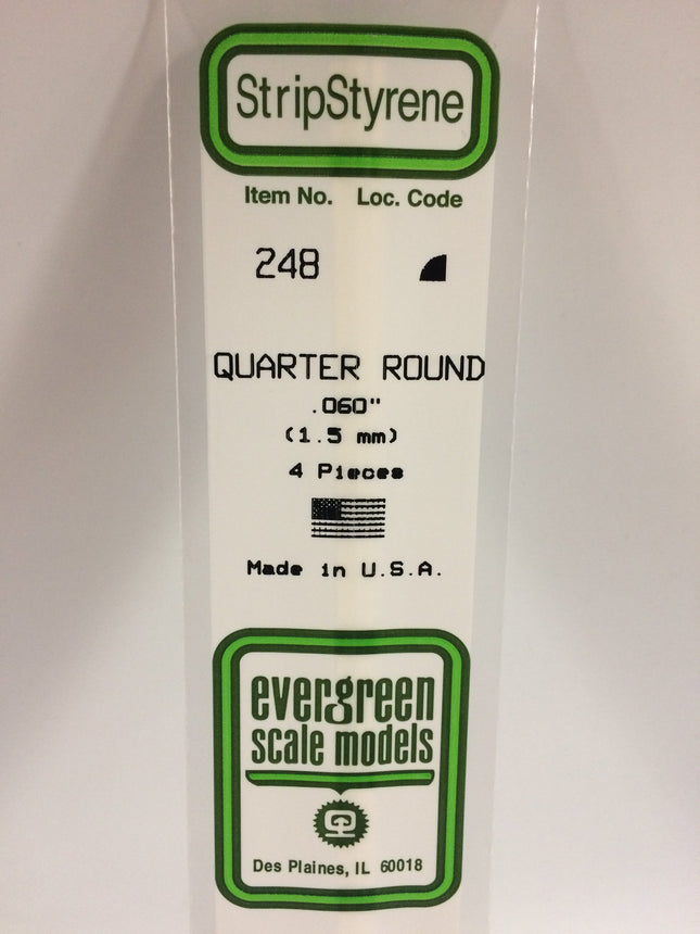 Evergreen 248 .060" (1.5mm) White Styrene Quarter Round All Scales - package