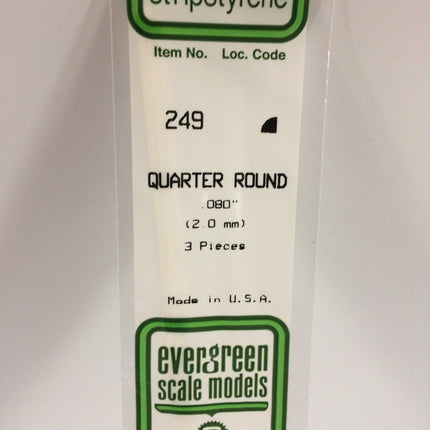 Evergreen 249 .080" (2.0mm) White Styrene Quarter Round All Scales - package