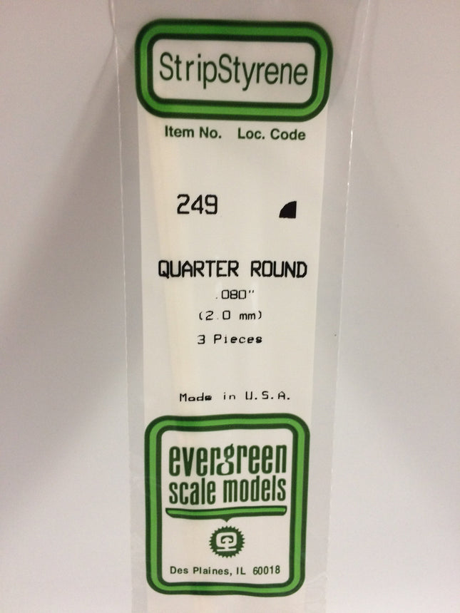Evergreen 249 .080" (2.0mm) White Styrene Quarter Round All Scales - package