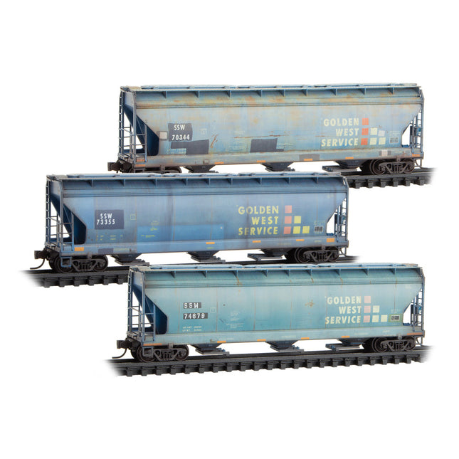 Micro Trains 98305092 | ACF 3-Bay Center Flow Covered Hopper w/Elongated Hatches - 3-Pack - Cotton Belt SSW 70344, 73355, 74679 | N Scale