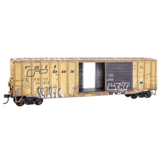 Micro-Trains HO Railbox 50' boxcar #33877 Grit N Grime Series, weathered, unassembled model kit.