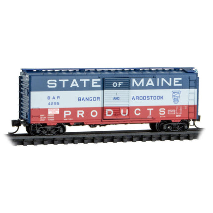 Micro-Trains Bangor & Aroostook 40’ boxcar in red, white, and blue, model train N Scale, State of Maine Products design.