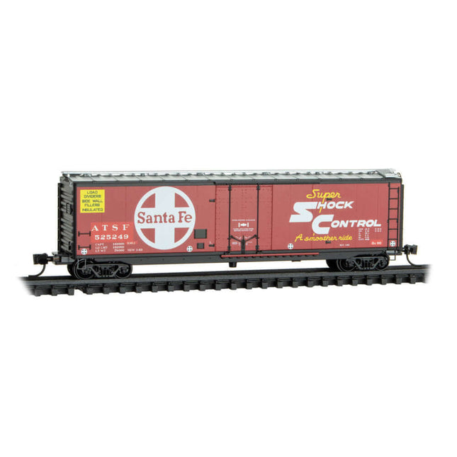 Micro-Trains ATSF 50' Standard Boxcar Rd# 525249 in N Scale, featuring Super Shock Control graphics.