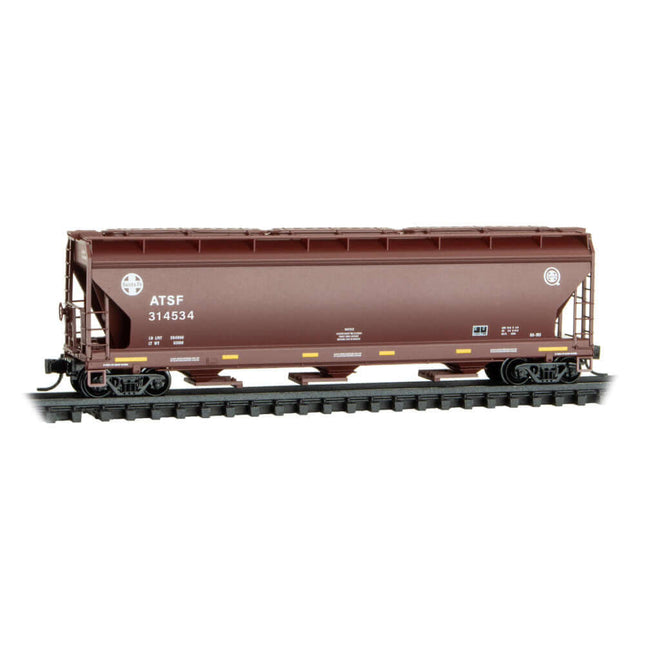 Micro-Trains N Scale ATSF 3-bay covered hopper featuring brown livery and 'Q' logo, model 314534.