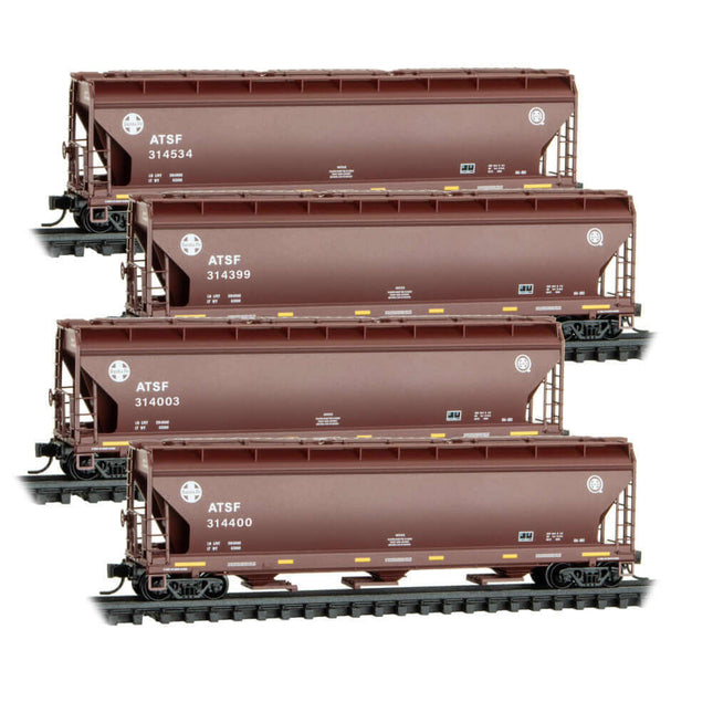 Micro-Trains ATSF 4-Car Covered Hopper Runner Pack in N Scale, featuring 3-bay hoppers with distinctive Q logo.