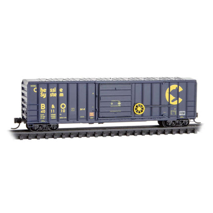 Micro-Trains Chessie System 50' rib side boxcar model in N scale, featuring B&O reporting marks and classic yellow graphics.