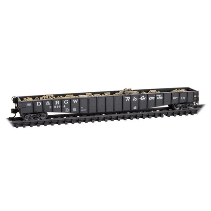 Micro-Trains D&RGW 65' mill gondola model with scrap load, N Scale, ideal for freight transport.