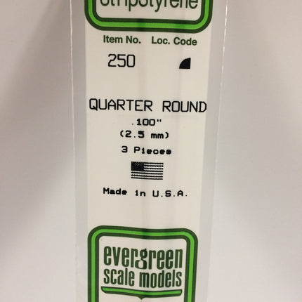 Evergreen 250 .100" (2.5mm) White Styrene Quarter Round All Scales - package