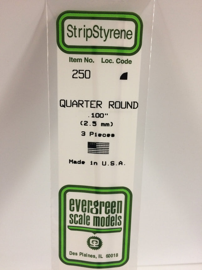Evergreen 250 .100" (2.5mm) White Styrene Quarter Round All Scales - package