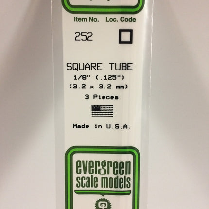 Evergreen 252 .125" (3.2mm) White Styrene Square Tubing All Scales - package