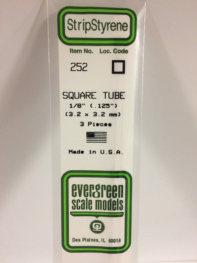 Evergreen 252 .125" (3.2mm) White Styrene Square Tubing All Scales - package