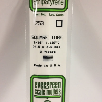 Evergreen 253 .188" (4.8mm) White Styrene Square Tubing All Scales - package