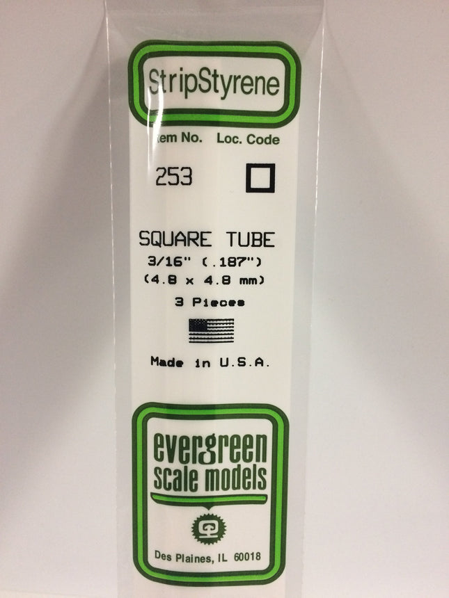 Evergreen 253 .188" (4.8mm) White Styrene Square Tubing All Scales - package