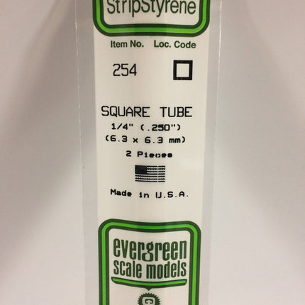 Evergreen 254 .250" (6.3mm) White Styrene Square Tubing All Scales - package