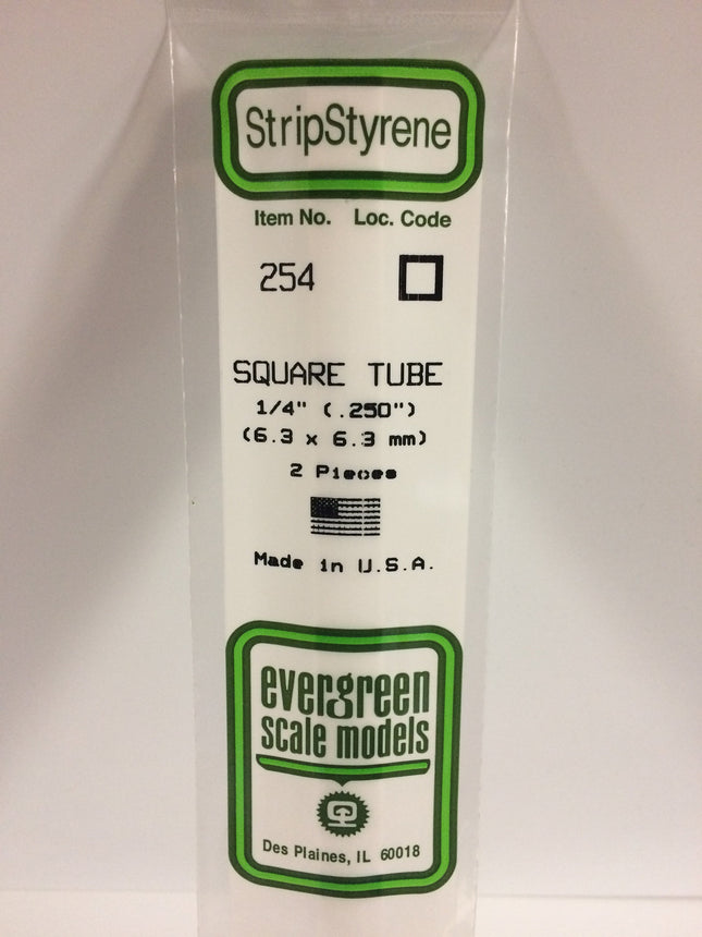 Evergreen 254 .250" (6.3mm) White Styrene Square Tubing All Scales - package