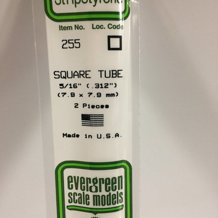 Evergreen 255 .312" (7.9mm)White Styrene Square Tubing All Scales - package