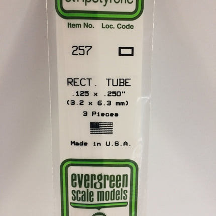 Evergreen 257 .125"x .250" (3.2mm x 6.3mm) White Styrene Rectangular Tubing All Scales - package