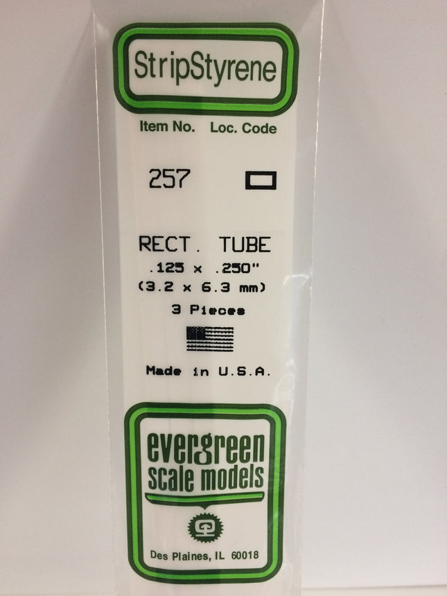 Evergreen 257 .125"x .250" (3.2mm x 6.3mm) White Styrene Rectangular Tubing All Scales - package