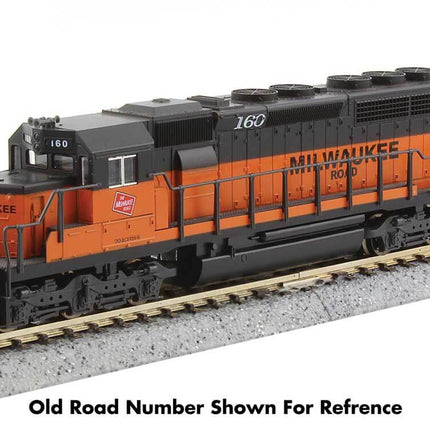 N Scale Milwaukee Road EMD SD40-2 locomotive model on track, old road number for reference.