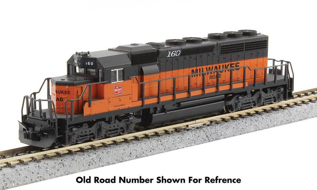 N Scale Milwaukee Road EMD SD40-2 locomotive model on track, old road number for reference.