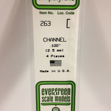 Evergreen 263 .100" (2.5mm) White Styrene Channel All Scales - package