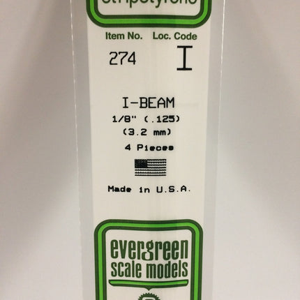 Evergreen 274 125" (3.2mm) White Styrene I-Beam All Scales - package