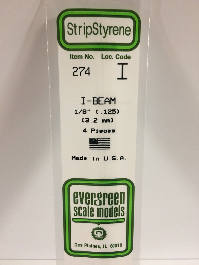 Evergreen 274 125" (3.2mm) White Styrene I-Beam All Scales - package