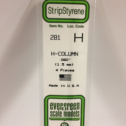 Evergreen 281 .060" (1.5mm) White Styrene H-Column All Scales - package