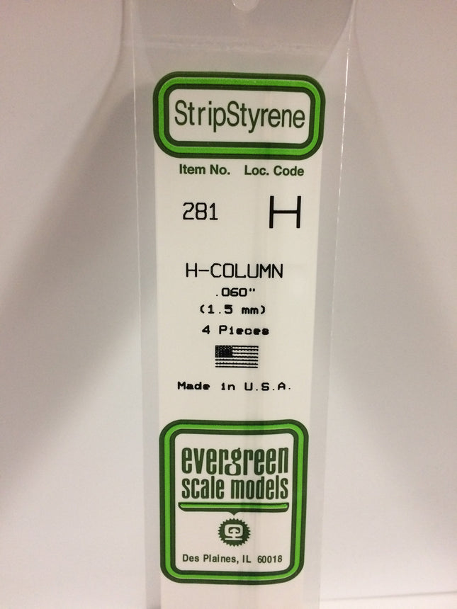 Evergreen 281 .060" (1.5mm) White Styrene H-Column All Scales - package