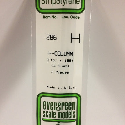 Evergreen 286 .188" (4.8mm) White Styrene H-Column All Scales - package
