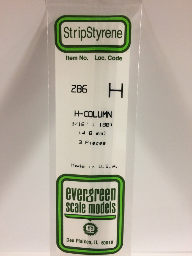 Evergreen 286 .188" (4.8mm) White Styrene H-Column All Scales - package