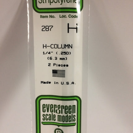 Evergreen 287 .250" (6.3mm) White Styrene H-Column All Scales - package