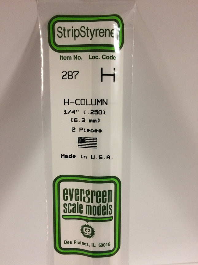 Evergreen 287 .250" (6.3mm) White Styrene H-Column All Scales - package