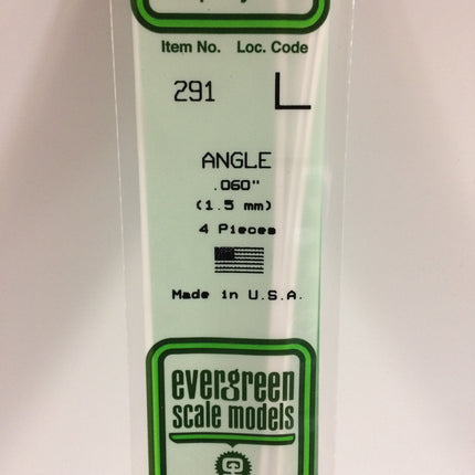 Evergreen 291 .060" (1.5mm) White Styrene Angle All Scales - package